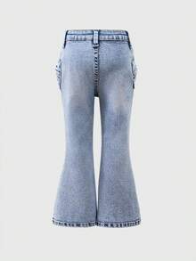 Girls' Flare Jeans,Blue Summer Back-To-School Lightweight Washed Denim,Cute Bow Decor,Comfortable Cotton,Casual&Versatile For Daily Wear,Party,Travel - Medium Wash - View 2