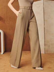 Anewsta Women's Elegant & Sophisticated Khaki Wide Leg Pants With Waist Belt & Pleated Leg Design