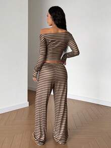 Aidyla 女士卡其色条纹长袖修身宽领抽绳腰直筒裤，秋季款 - 卡其色 - 查看 4