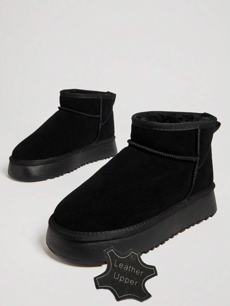 Solezae Cozy Girl Season Women's 1.5" Ultra-Light Platform Premium Suede Leather Black Ankle Snow Booties-Plush Fur Trim, Cozy Ankle Fit, Warm, Stylish & Endlessly Wearable - Black - View 1