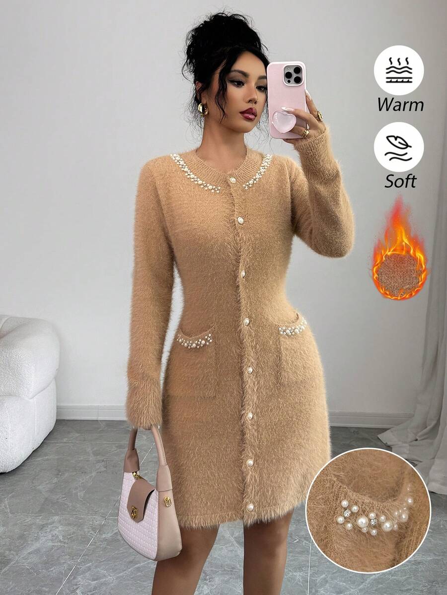 Rafferiza Women's Khaki Round Neck Pearl Mink Hair Fashion Versatile Street Sweater Dress, Christmas - Khaki - View 1