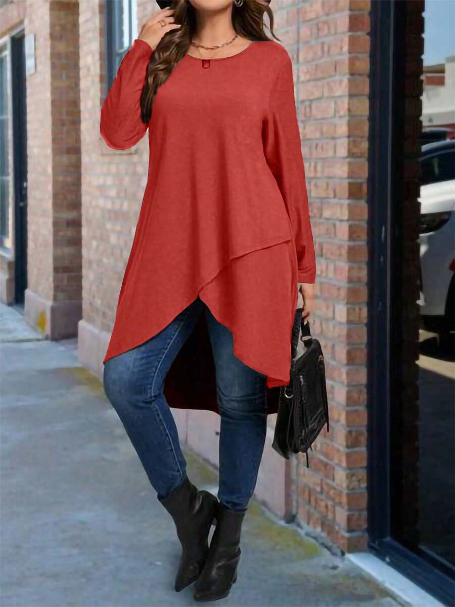 SHEIN Plus Size Solid Color Long Asymmetrical Hem Round Neck Long Sleeve T-Shirt Fall Cloth For Women - Red - View 1