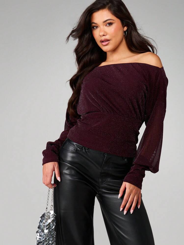 MISSGUIDED Off Shoulder Sparkle Glitter Long Sleeve Party Top With Asymmetric Neckline And Shimmer Lurex Fabric For Evening Occasions