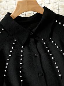 Lacomfia Blusa holgada de manga larga con aplicaciones de rhinestones, casual, cómoda y versátil, de unicolor y talla grande - Negro - Ver 4