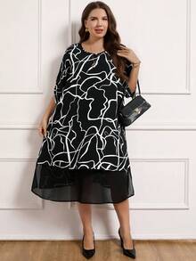 Miaspire 加大码女式妈妈几何拼接荷叶边袖宽松连衣裙，冬季服装，冬季连衣裙