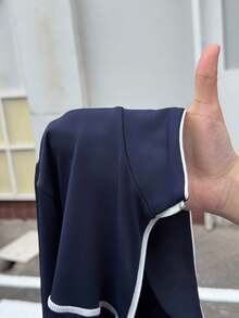 Dewbera Casual Versatile Navy Blue Striped Stand Collar Contrast Stripe Sporty Sweatshirt - Multicolor - View 8