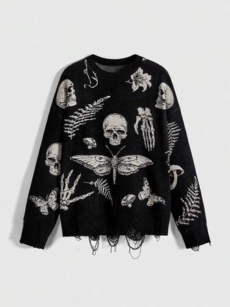 Goth Maglione ampio con motivo jacquard a teschio gotico e fiori di falena