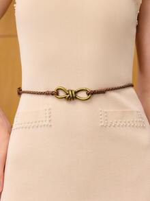 MOTF Classy 1件女士棕色编织绳金属结形扣环装饰腰带，简约优雅，适合搭配连衣裙、牛仔裤、外套，百搭配饰 - 棕色 - 查看 5