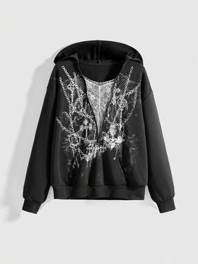 Fairycore Kpop Wasteland Style Pullover 2 In 1 Lace Zipper Batwing Sleeve Loose Hooded Sweatshirt For Women