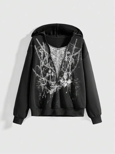 Fairycore Kpop Wasteland Style Pullover 2 In 1 Lace Zipper Batwing Sleeve Loose Hooded Sweatshirt For Women