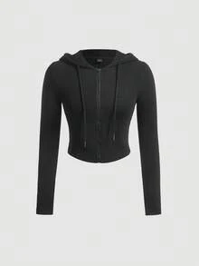 SHEIN MOD Solid Zip Up Center Front Decorative Pocket Drawstring Hooded Crop Slim Fit Black Sweatshirt,Long Sleeve Tops In Fall/Winter - Black - View 2