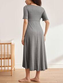 Moonlight&Mama Maternity Casual Solid Color Short Sleeve Nursing Nightgown - Grey - View 2