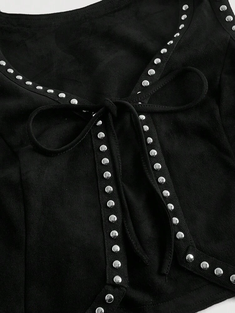 Studded Detail Tie Front Vest Black Jacket Without Blouse, Western Wear Women In Fall/Winter