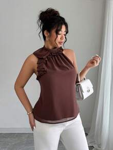 Elenzga Ruched Sleeveless Blouse, Intellectual And Elegant - Brown - View 4