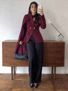 Elyressa Blazer de mujer estilo francés para ir al trabajo, con cuello de solapa asimétrico, manga larga y cintura ceñida, con decoración de hebilla de metal - Rojo violeta - Ver 6