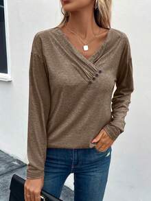 SHEIN LUNE Women's Casual Button Decor V-Neck Fitted Long Sleeve T-Shirt, Autumn - Khaki - View 6