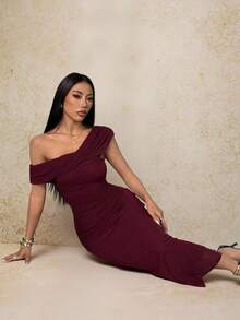SHEIN PETITE 酒紅色夏季優雅用餐度假女款單肩網紗抓褶緊身長洋裝，露背波希米亞風海灘婚禮派對酒會禮服，適合嬌小女性 - 酒紅色 - 查看 6