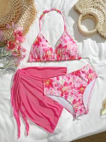 SHEIN 1件套少女粉色扎染热带印花舒适针织面料泳装套装，搭配洋红色网纱裙，适合海滩、泳池、海边、度假、夏季、旅行等场合。这款少女泳装套装包含一条带裙的比基尼，适合青少年穿着。套装包含带裙的泳衣、沙滩装、比基尼套装、带纱笼裙的比基尼、系腰修身泳装等。 - 粉色 - 查看 3