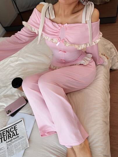 Dream Adore Roze Off Shoulder Camisole Sweet Women Pajama Set Ruffle Verleidelijke view 5