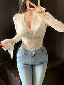 DAZY Women's Floral Lace V-Neck Long Sleeve Sheer Fitted Blouse - White - View 4