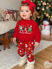 女婴圣诞可爱卡通图案饮料杯，圣诞老人、雪人、驯鹿、姜饼人、铃铛、雪花印花，红色节日款；休闲柔软加厚圆领长袖卫衣和打底裤套装，适合秋冬季圣诞节穿着。 - 彩色 - 查看 1