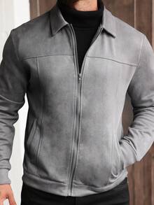 Manfinity CasualCool Men's Solid Color Minimalist Everyday Long Sleeve Suede Fleece Jacket Jackets For Men Long Sleeve Men Zip Up Shirt Grey Jacket Jackets Casual, For Winter - Grey - View 4