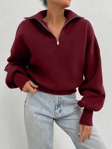 EURMUSE Sudadera oversize de 100% algodón con cuello con cremallera y estampado - Burdeos - Ver 6