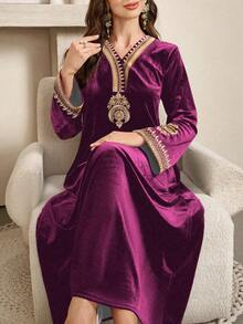 SHEIN Najma 女士印花长袖优雅丝绒阿拉伯连衣裙，适合春秋季穿着 - 綠色 - 查看 3