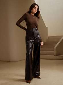 Anewsta Áo thun nữ cổ tròn tay dài ôm vừa vặn, màu trơn, có gân, eo cong - Cà phê nâu - Xem 3