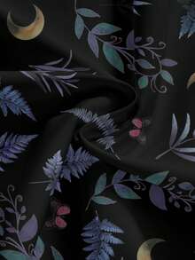 ROMWE Goth 森系深色蘑菇、太阳、月亮、星星、叶子和蕨类印花高开衩女装 - 黑色 - 查看 4