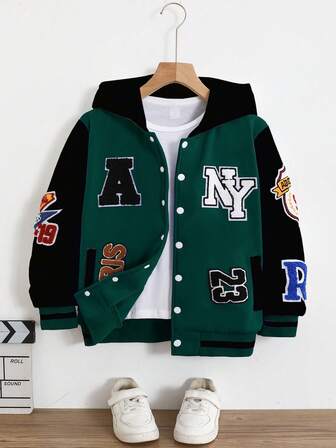 SHEIN 男童秋冬抓绒连帽外套，字母印花，校园风外套，运动外套