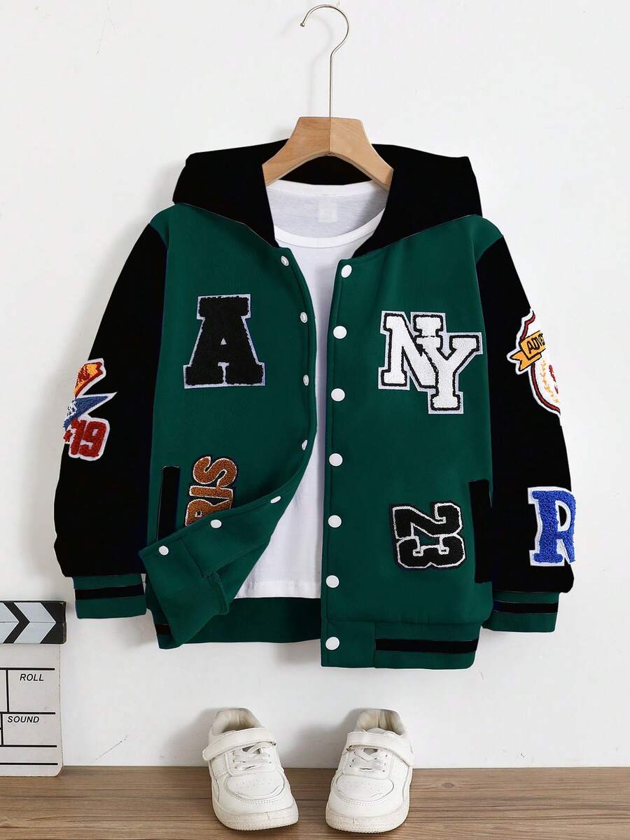 SHEIN 男童秋冬抓绒连帽外套，字母印花，校园风外套，运动外套