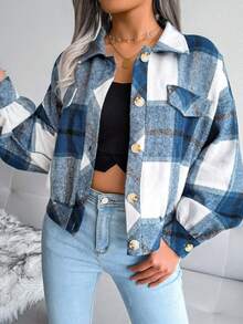 Chamarra ligera para Mujer, Chaqueta De Cuadros De Manga Larga Para Mujer,Chamarra Corta De Pana Da Dama,Chaquetas De Chamarra De Un Solo Botonadura,Cómoda y Cálida Chaqueta Clásica A Cuadros - Azul - Ver 2