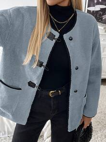 SHEIN LUNE 圆领撞色牛角扣宽松羊毛外套