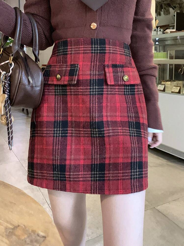 Women's High Waist Plaid Button Design Casual Short Skirt, Autumn/Winter