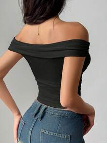 Sweetra Women's Summer Slim Fit Ruched Off Shoulder T-Shirt, Solid Color Y2K - Black - View 3