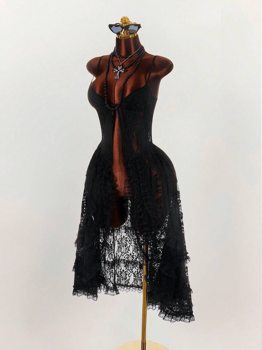 Amplova 黑色浪漫复古蕾丝薄纱女式衬衫 - 黑色 - 查看 1