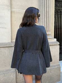 Firerie Women's Elegant Minimalist Commute Office Urban Chic Casual Daily Stand Collar Cinched Waist Loose Poncho Waist Knit Sweater, Dark Gray - Dark Grey - View 9