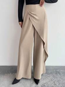 Firerie Women's Elegant Casual Office Commute Pants, Apricot/Khaki Solid Bamboo Texture Fabric, Loose Wide Leg Wrap Skirt Pants, Autumn/Winter New Women's Pants, Apricot Long Pants, Casual Home Long Pants, Elegant Pants, Winter Clothes For Women, Fall Outfits - Apricot - View 6