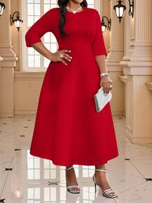 Fleurora 春夏秋冬优雅通勤办公派对婚礼鸡尾酒会音乐会/音乐节白色针织圆领蓬蓬裙七分袖大码连衣裙 - 紅色 - 查看 6