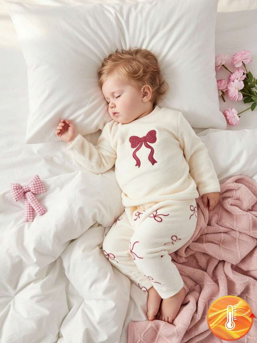 SHEIN 2pcs Baby Girls' Plush Butterfly Print Long Sleeve Top And Pants Pajama Set - Multicolor - View 1