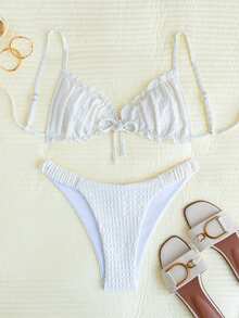 Swim Mod Textured Fabric Ruffles Front Tie Bow Waist Pleat Cute Sweet Fashionable Lively Party 2Pcs Bikini Set For Summer Beach Vacation - Beige - View 2