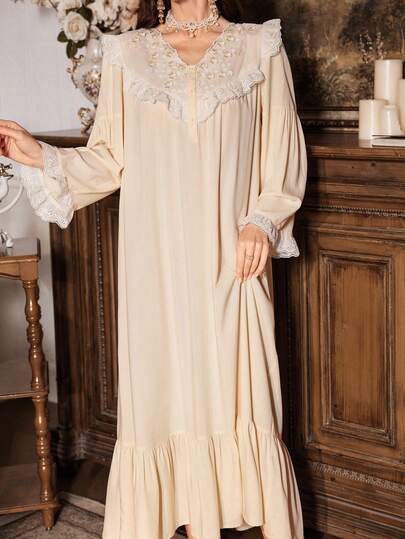 PalaceNights 复古宫廷风 3D 立体花卉刺绣拼接 V 领宽松荷叶边长款睡裙，冬季，宽松睡衣