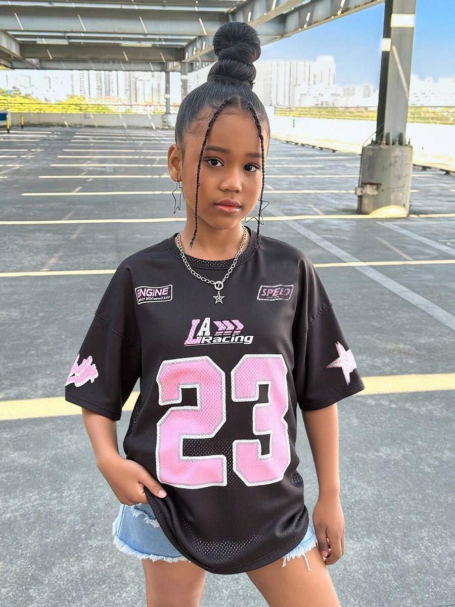 SHEIN Tween Girl Knit Mesh Numeric & English Letter Print Loose Dropped Shoulder Pullover T-Shirt, Suitable For Back To School, Sports Event, Fashion Streetwear
