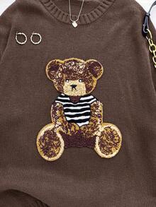 SHEIN 宽松圆领休闲棕熊图案长袖套头毛衣，适合青少年女孩，保暖舒适，时尚街头风，宽松版型，印花图案，返校季必备，运动休闲，学院风，复古风 - 棕色 - 查看 4