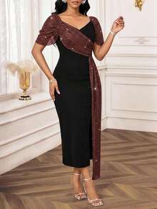 SHEIN Lady Đầm ôm thanh lịch cổ tim đính sequin màu tương phản dành cho nữ, thiết kế viền xẻ tà bên hông - Nhiều màu - Xem 7