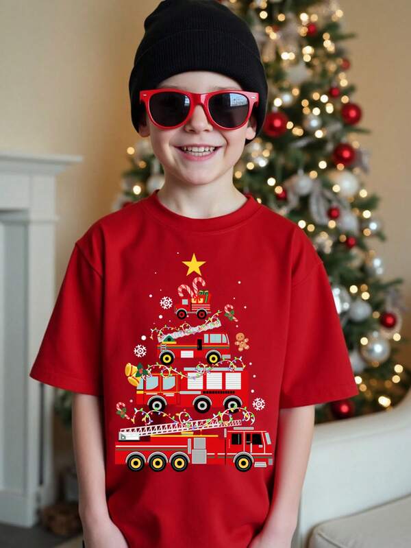 Tween Boy Casual Minimalist Short Sleeve Crew Neck T-Shirt, Suitable For Autumn/Winter, Classic Christmas Santa Claus, Christmas Tree, Christmas Snowman, Christmas Gifts, Christmas Reindeer, Christmas Snowflakes, Christmas Pattern Prints, Perfect For Christmas