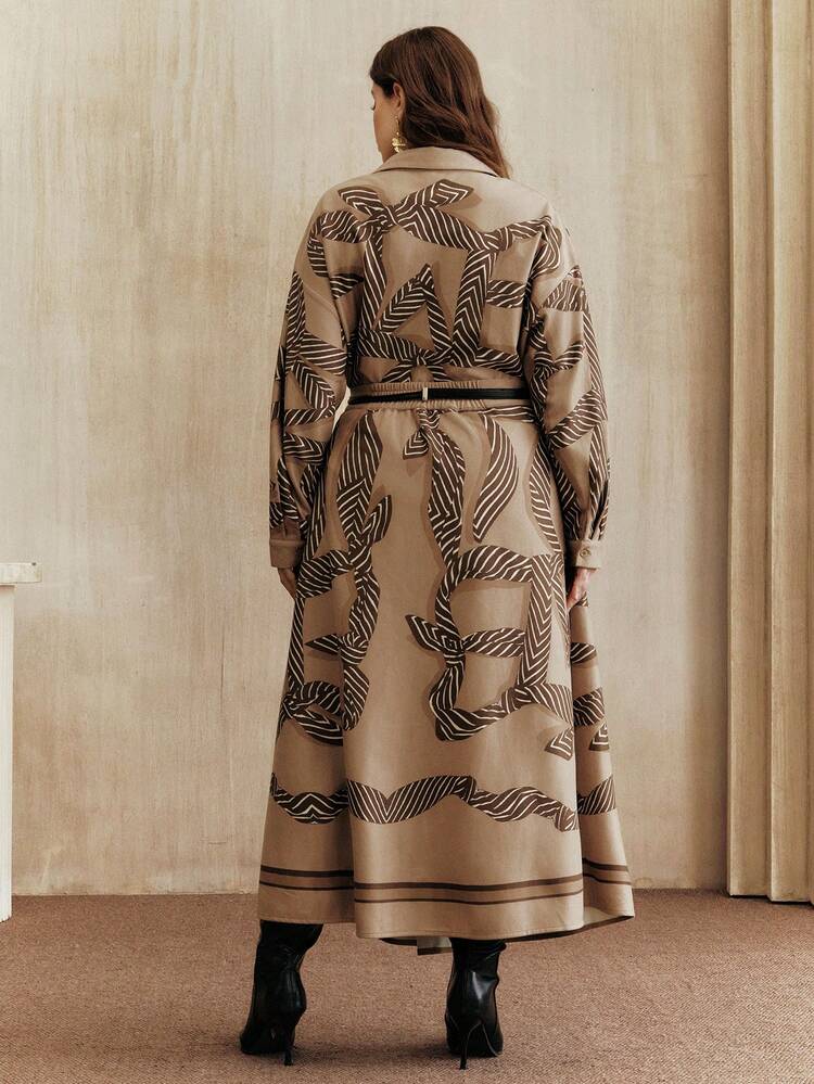 1 set Chemise à manches longues ample et jupe mi-longue avec ceinture, imprimé velours de cerf grande taille. Mode Top de gamme, convient pour le Nouvel An, les vacances, l'hiver