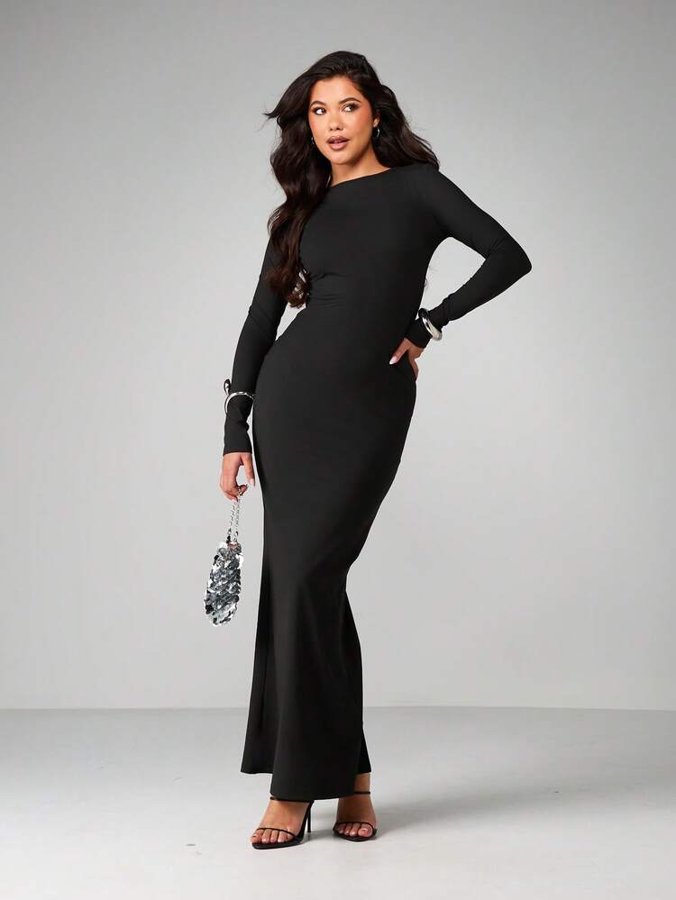 MISSGUIDED Vestido largo de manga larga y silueta ajustada para ocasiones de noche, con cuello redondo y detalles de puño con anillo metálico