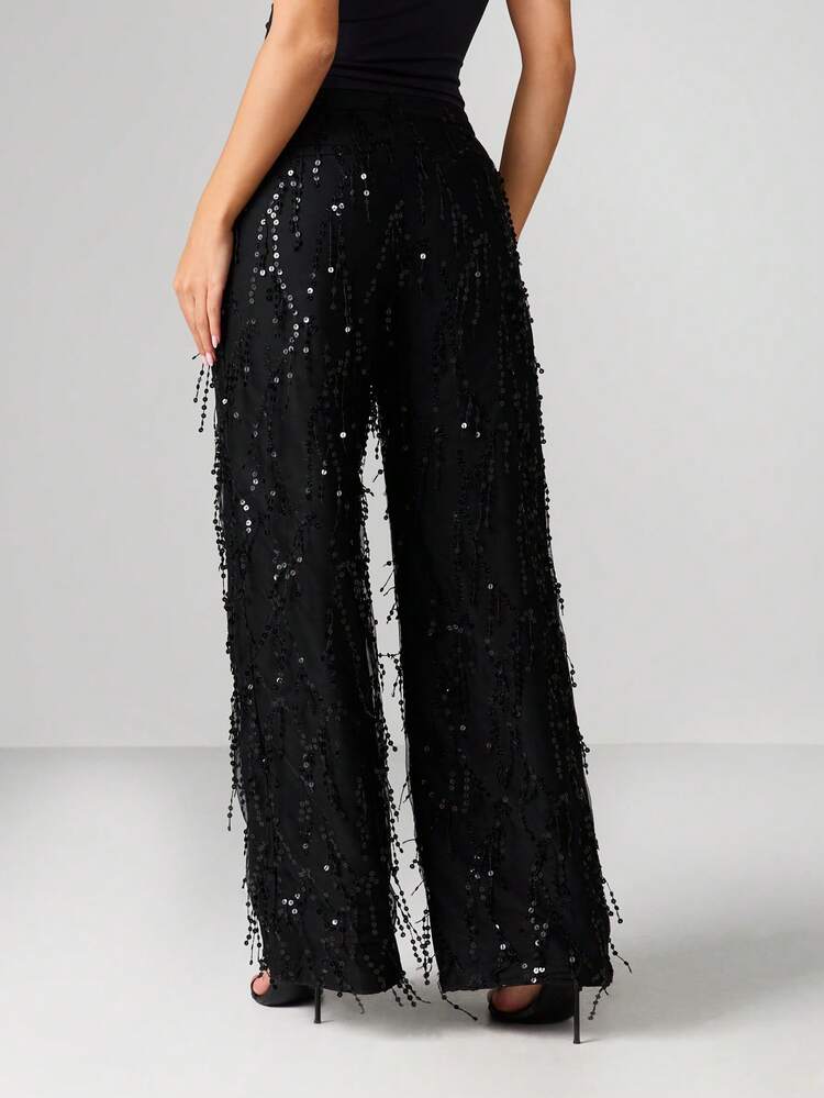 MISSGUIDED Sequined Wide Leg Palazzo Pants With Tassel Fringe Detail High Waisted Evening Party Trouser